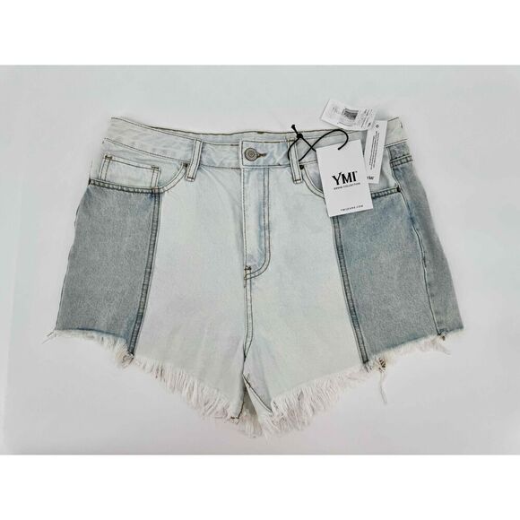 NWT YMI Color Block Two Tone Denim Shorts High Waisted Frayed Hem Festival 11 30 - Picture 1 of 5